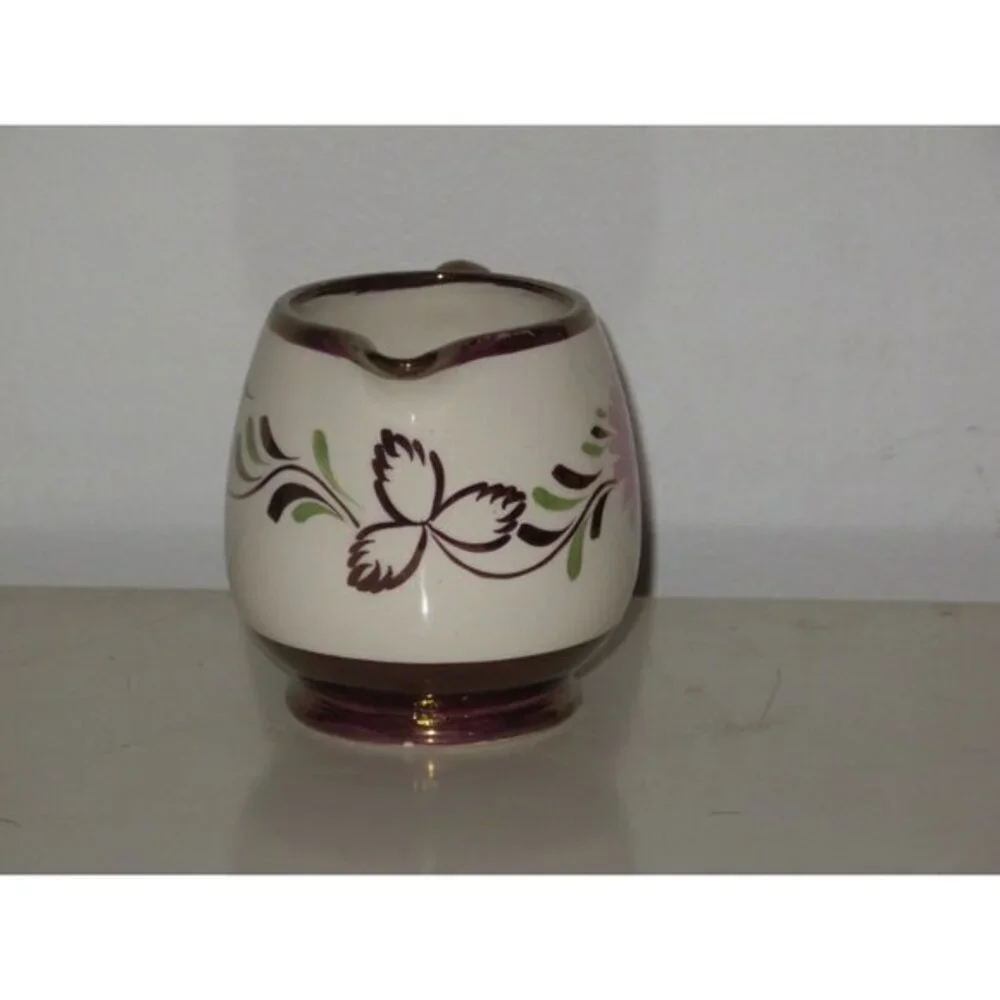 Gray's Pottery‎ Copper Lusterware Creamer Leaves Pink Flower 3.5